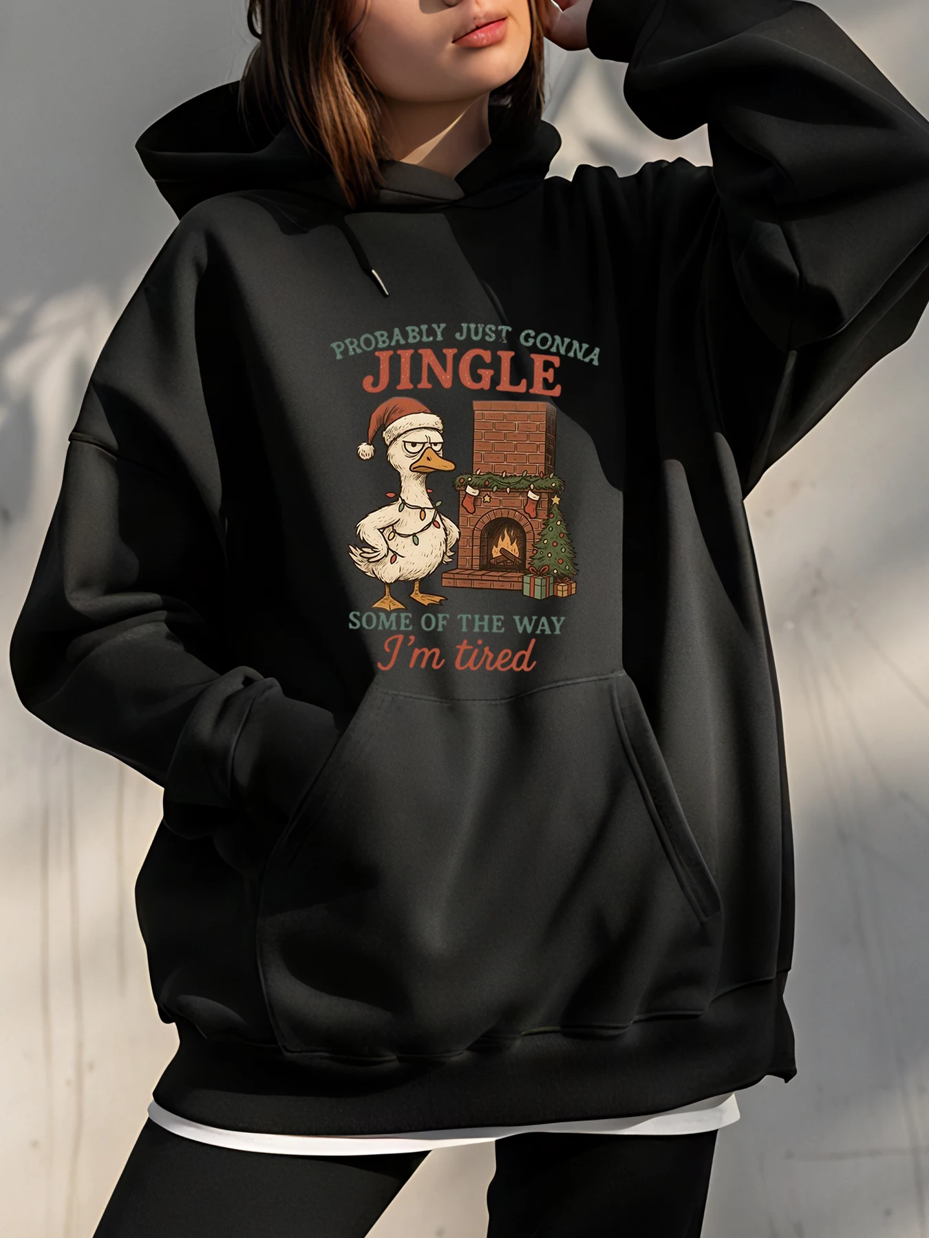Sudadera con capucha de pato navideño con estampado de chimenea, acogedora sudadera navideña para mujer, ropa informal de invierno
