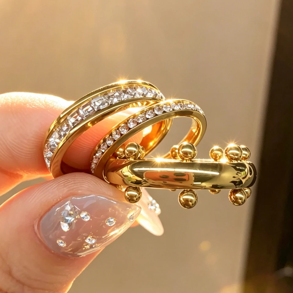 Yupsk European American Fashion Stainless Steel Stackable Rings for Women Three Styles Finger Ring Set Jewelry Gift