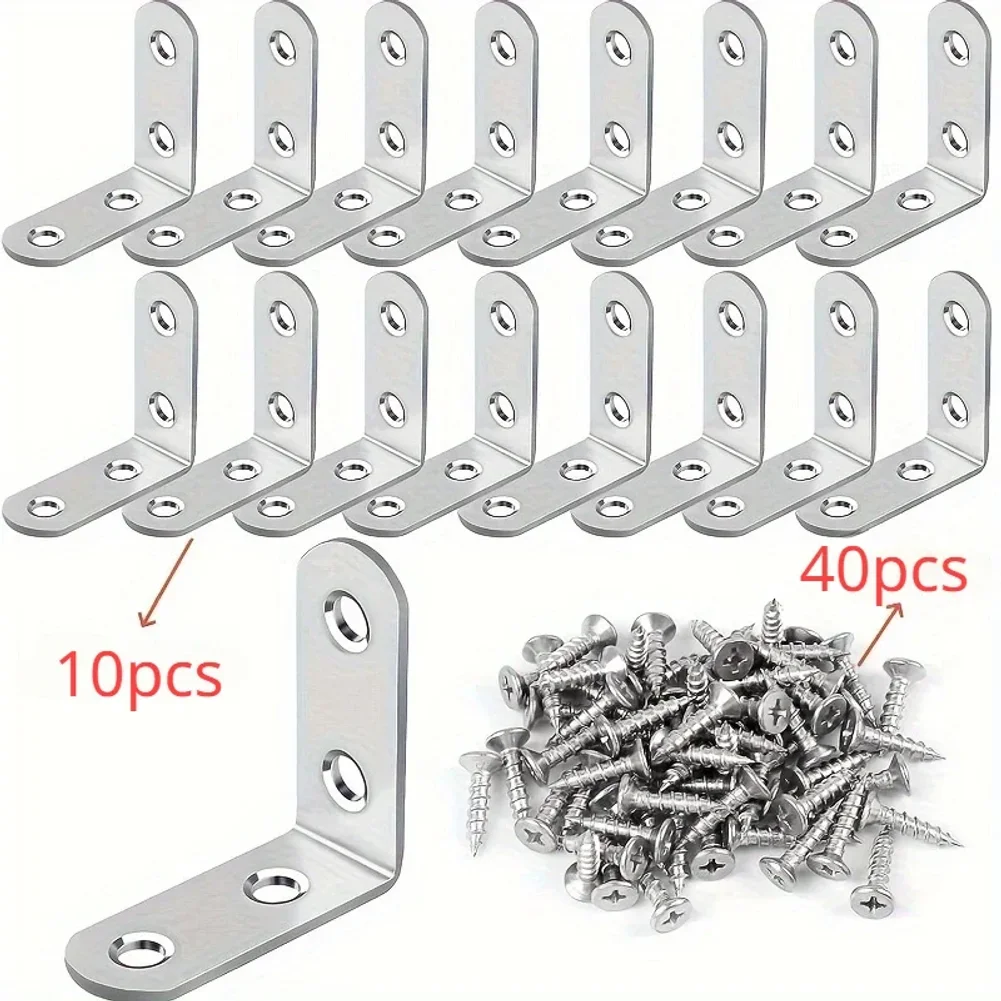 A Set Of 50pcs,Including 10pcs 90-Degree Right-Angle Brackets With 40screws,L-Shaped Bracket Hardware For Wooden Shelves,Chairs