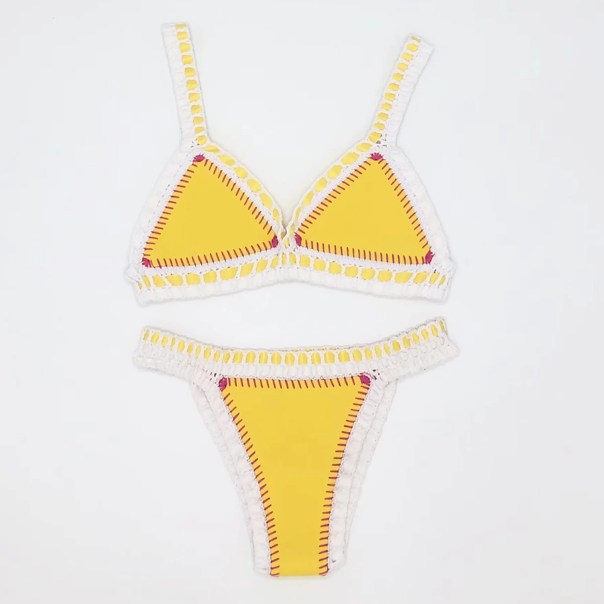 Women Sexy Swimsuit Blue Neoprene Crochet Elastic Bikini Sets Back Buckle Tankini Yellow Swimwear