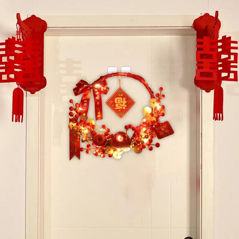 

New Year Red Artificial Flower Ornament Good Luck Artificial Flower Ornament Artificial Wreath Built-in Led Light Strip Fall