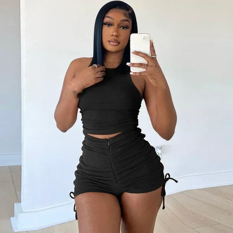 GUWU Fashion Knitted Ribbed Two 2piece Set Elegant Active Yoga Women's Set Sleeveless Tank and Ruched Shorts Tracksuit Outfit