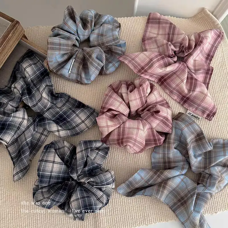 

Square Large Checkered Intestine Hair Ties For Women Fashion Square Scarf Hair Band Hair Accessories Vintage Fascinators