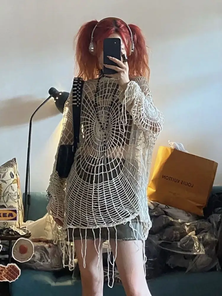 American Hollow Out Hooded Knitted Tops 2025 Summer New Spider Web T-shirt For Women Y2k Long Sleeve Loose Tee Shirt Sweater