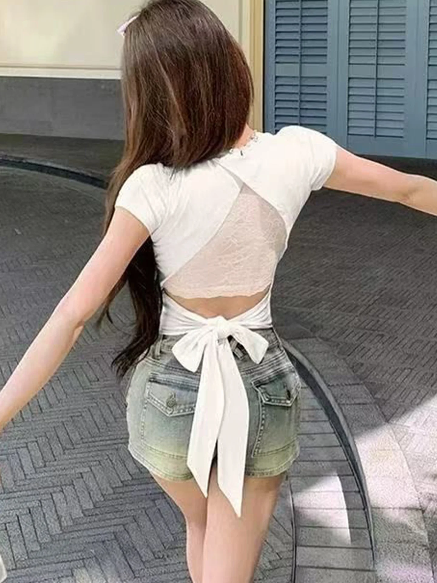 Pure Desire Spicy Girl Lace Tie Design Ba Hollow out ort Sve T-irt Women Summer New Sle ort Top Korean Sle Sli...