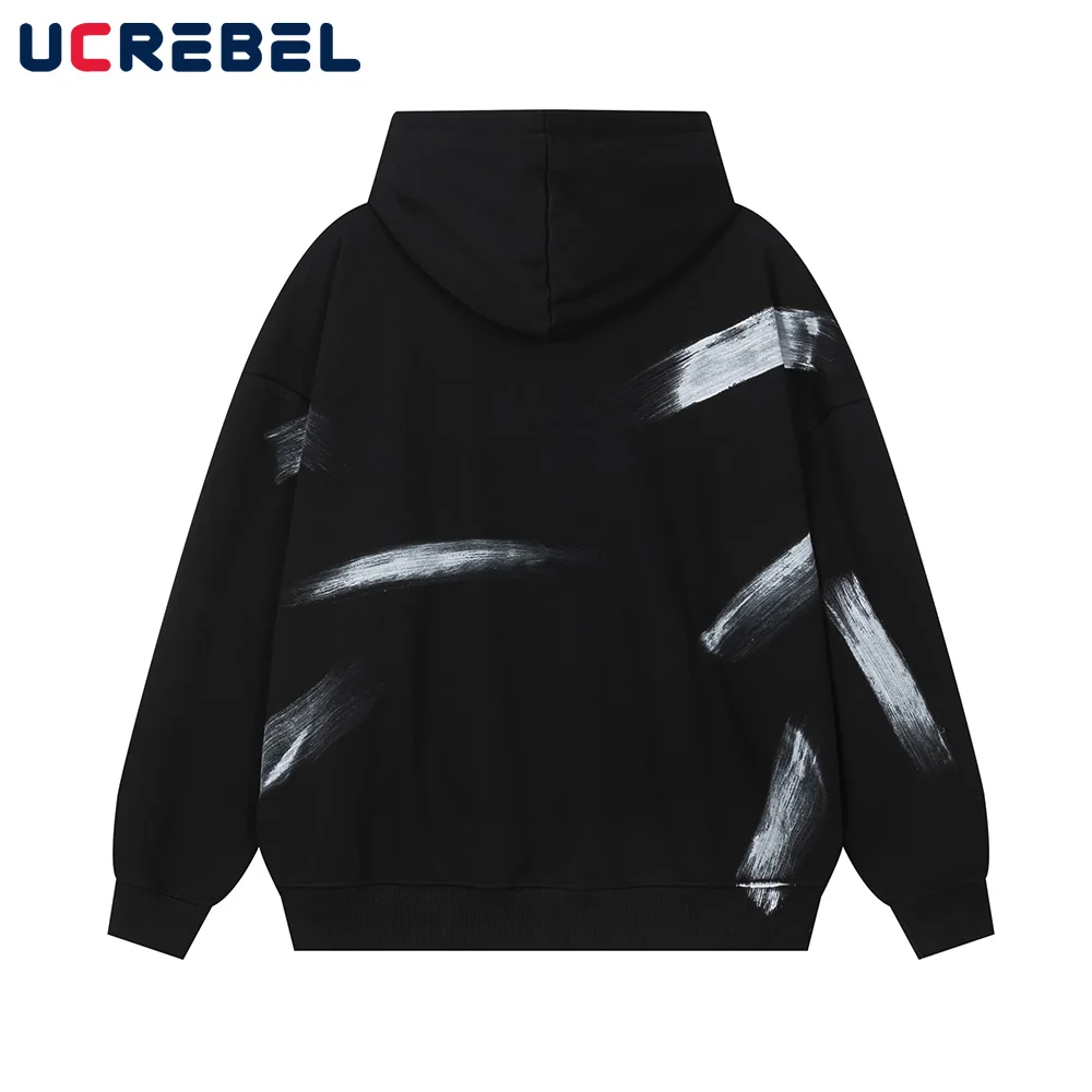 Painted Letter Print Hoodies Mens High Street Autumn Winter Fleece Loose Long Sleeve Hooded Sweatshirts Men