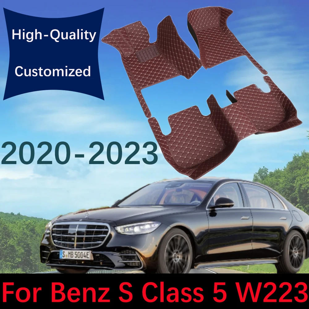 Custom Leather Car Floor Mats For Mercedes Benz S Class 5 Seats W223 2020 2021 2022 2023 Automobile Carpet Rugs Foot Pads