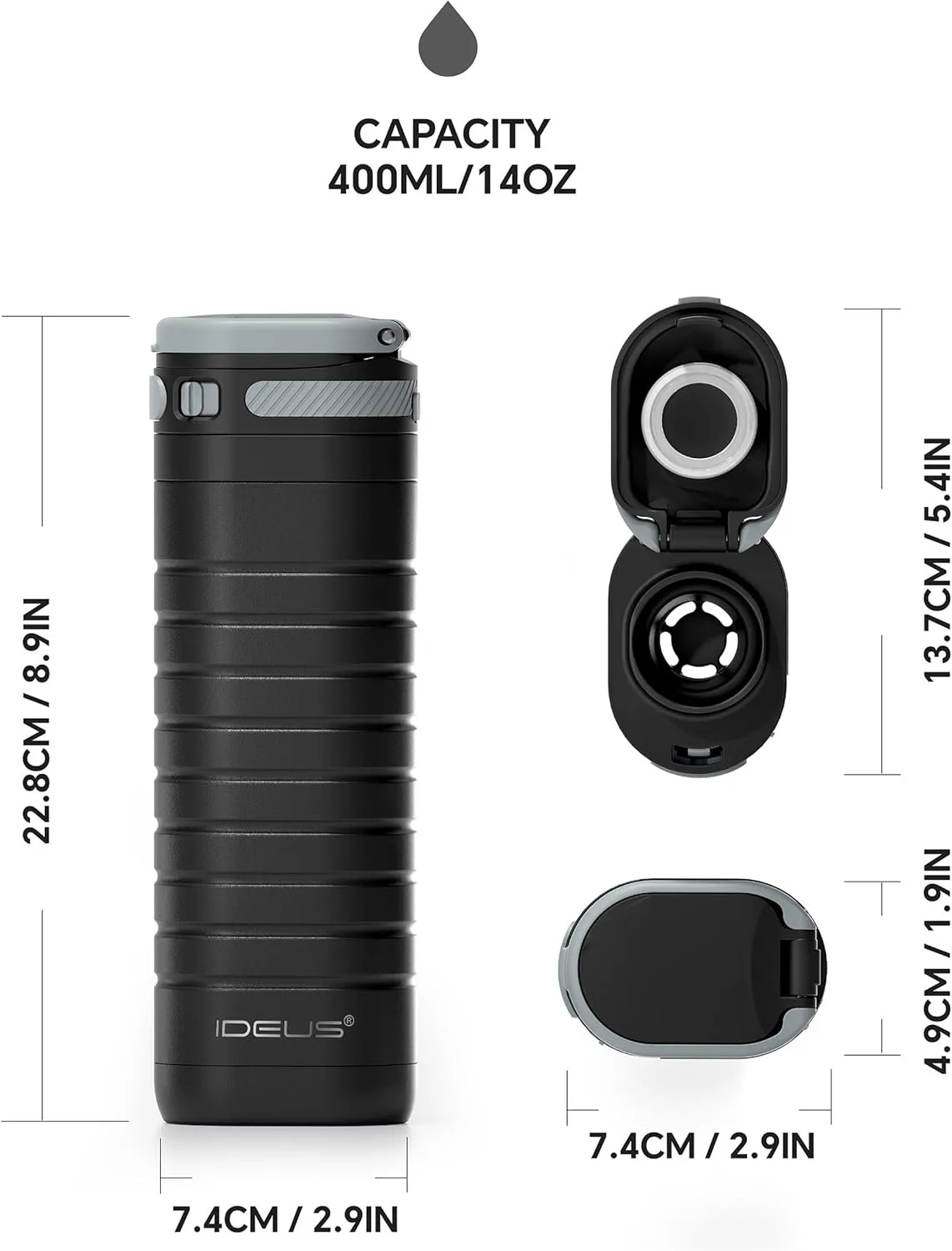Бутылка для воды ideus из нержавеющей стали 390 мл, изолированная чашка, запираемая, герметичная, подходит для путешествий и активного отдыха.