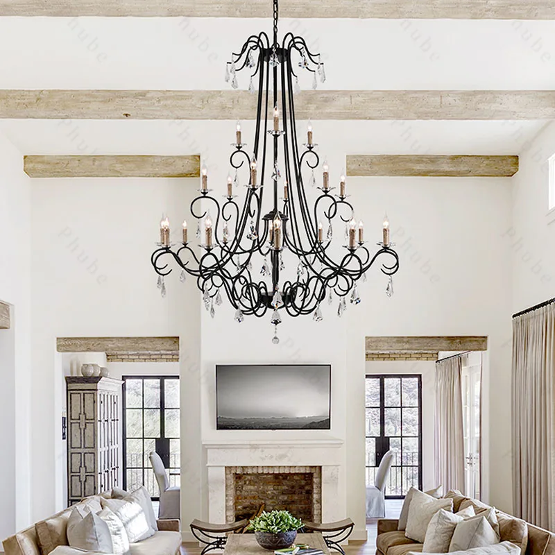 

American Country Retro Crystal Chandelier Light Modern Pendant Lights For Villa Living Room Hanging lamp Staircase Ceiling Light