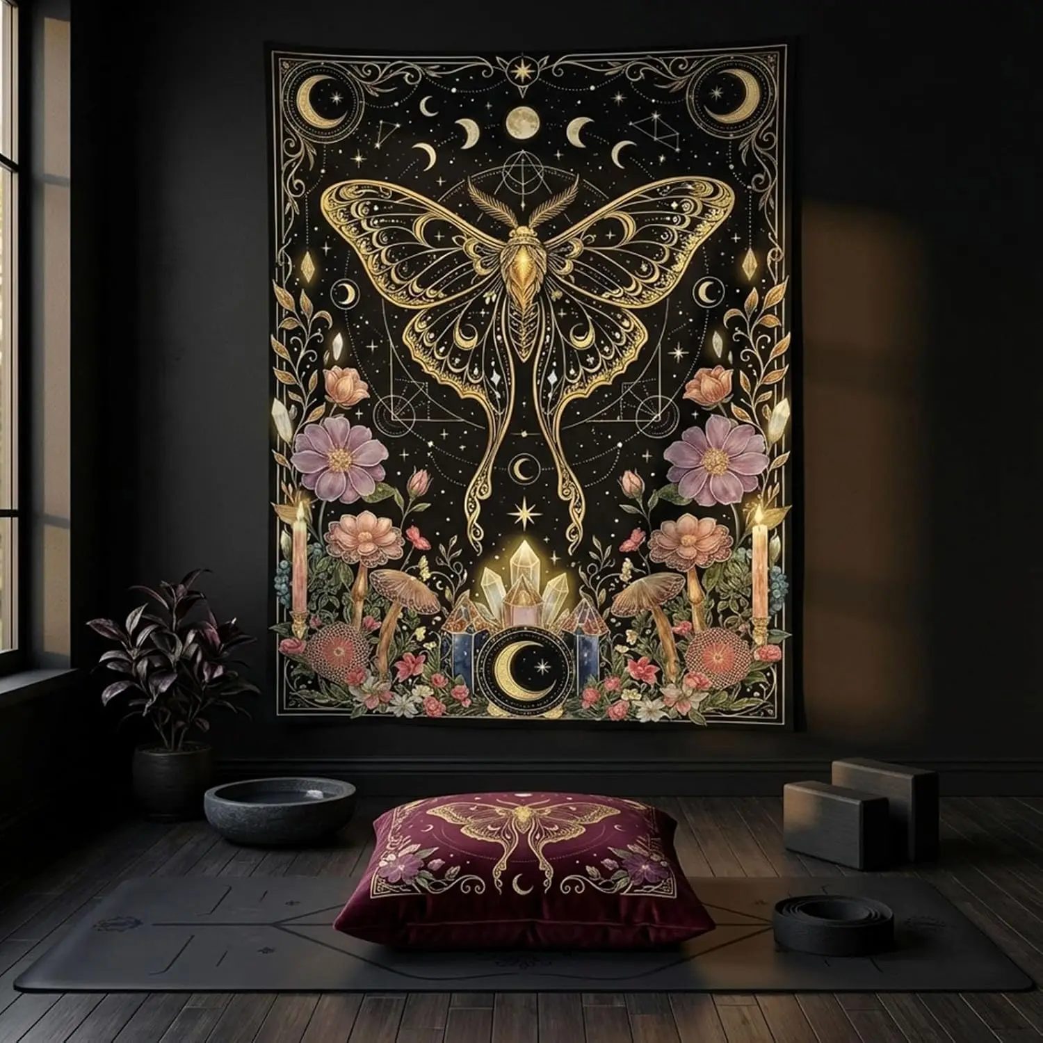 Bohemian Moon Moth Tapestry, Mystical Luna Moth with Floral Accents & Crystals, Wall Art for Celestial & Whimsical Rooms