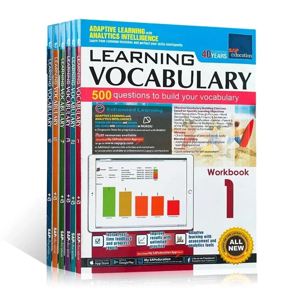 6 książek słownictwa Singapurskiego SAP Learning Vocabulary 1-6 klasy English Books dla 8-12 lat Książka edukacyjna