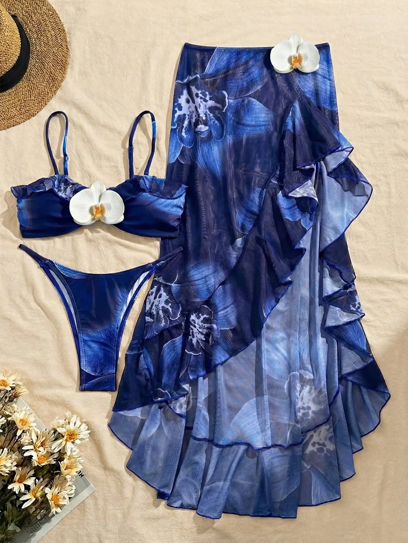 

Elegant 3-Piece Blue Floral Sheer Ruffled Skirt Set With Tie-Front Bikini Top And Briefs For Summer Beach Vacation