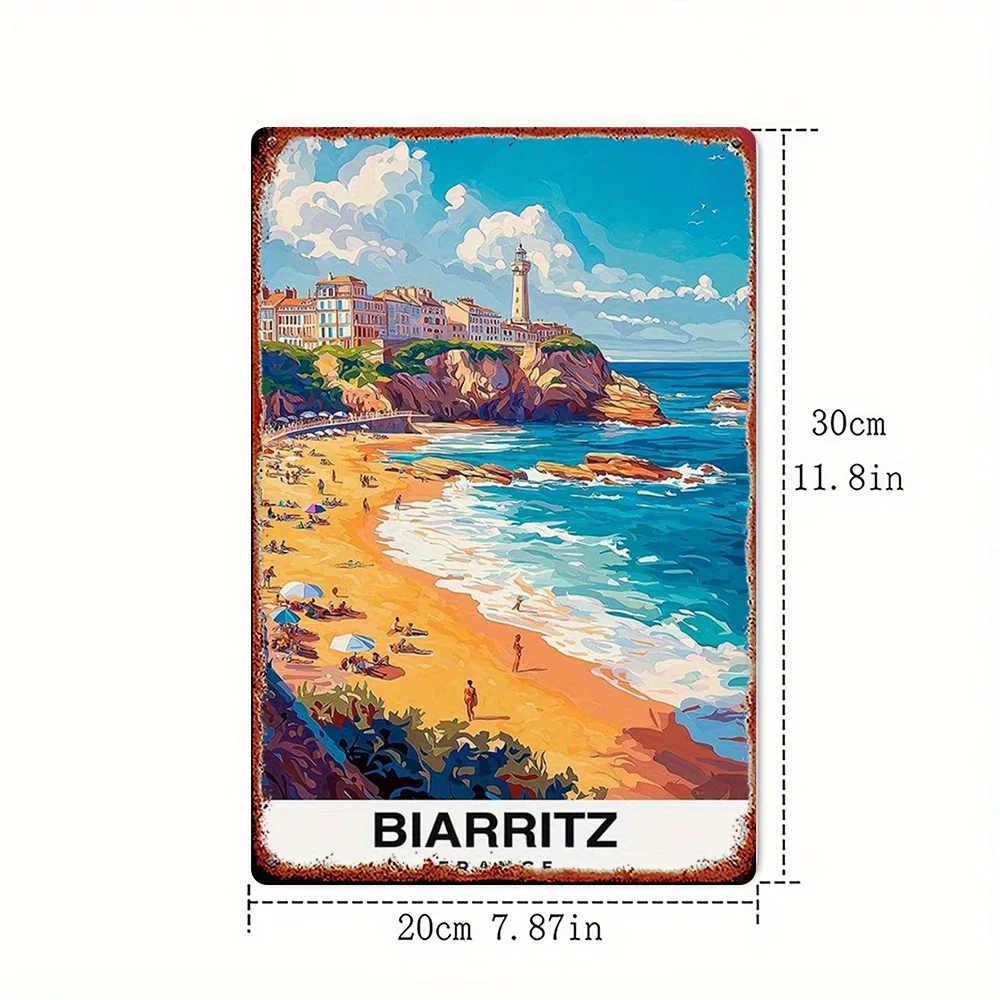 2D Flat, 1pc, Metal Sign, Biarritz France Beach Scenery Tin Painting Poster, Durable Metal Sign, Suitable for Bars, Bedrooms, Re