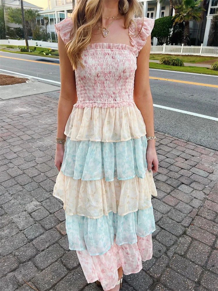 

CHRONSTYLE Women Summer Long Maxi Dress Floral Print Sleeveless Spaghetti Strap Ruffles High Waist A Line Cake Dress Vestidos
