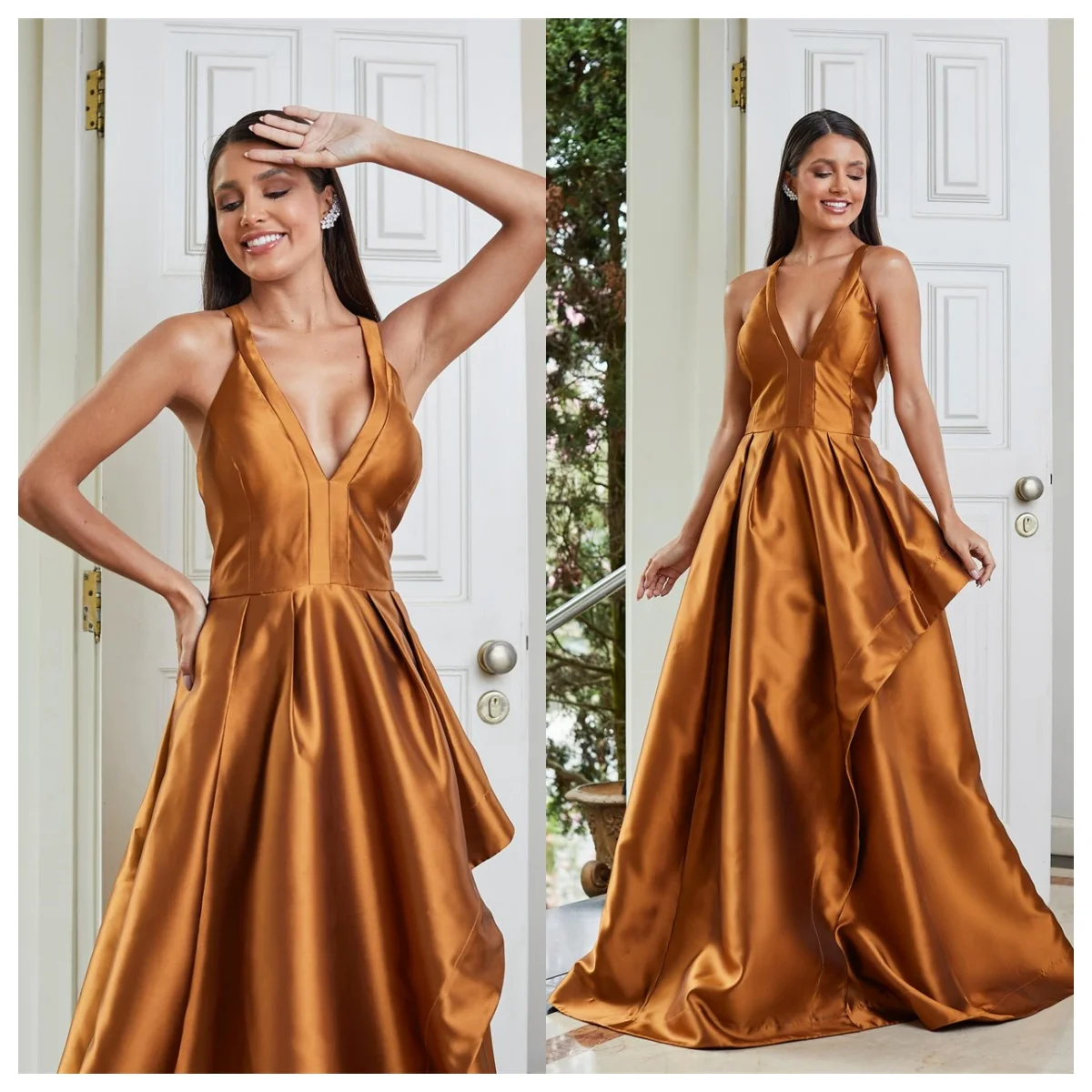 

Customized Classic Golden Satin Evening Dress V-Neck Spaghetti Straps Sleeveless Celebrity Gowns Temperament Homecoming Dress