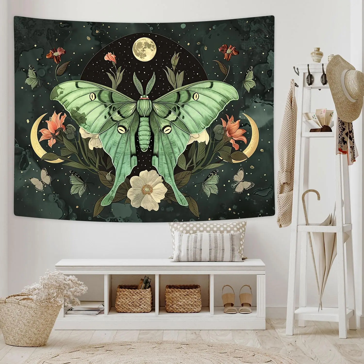 Wall Tapestry for Bedroom Aesthetic Tapestry Green Butterfly Moon Luna Moth Flower Plant Boho Floral Decor Wall Hanging Art