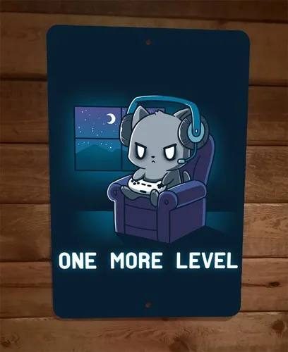 Placa de Metal Decorativa para Parede One More Level Cat Video Gamer