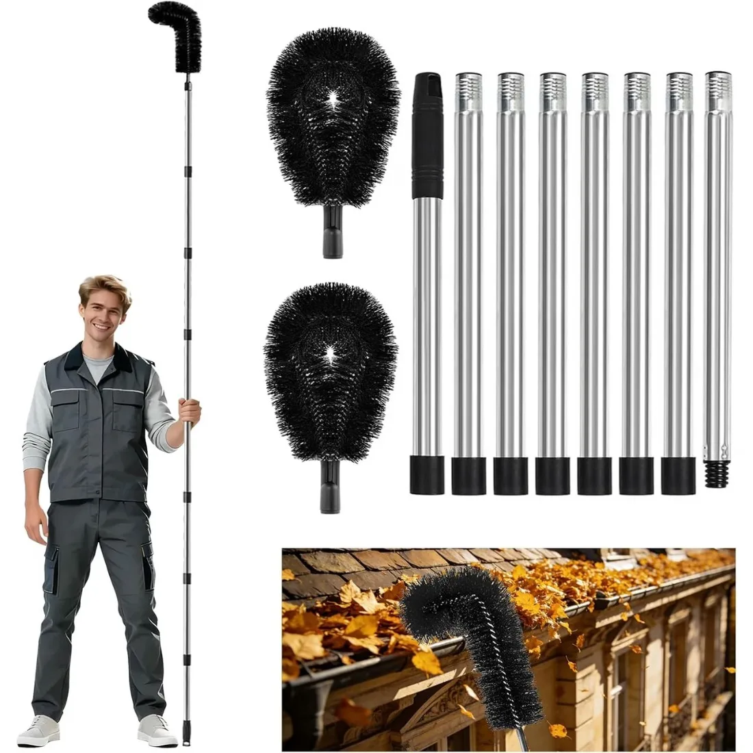 Gutter Cleaning Tools from The Ground,Gutter Cleaning Brush with Telescopic Pole,for Removing Leaves and Debris