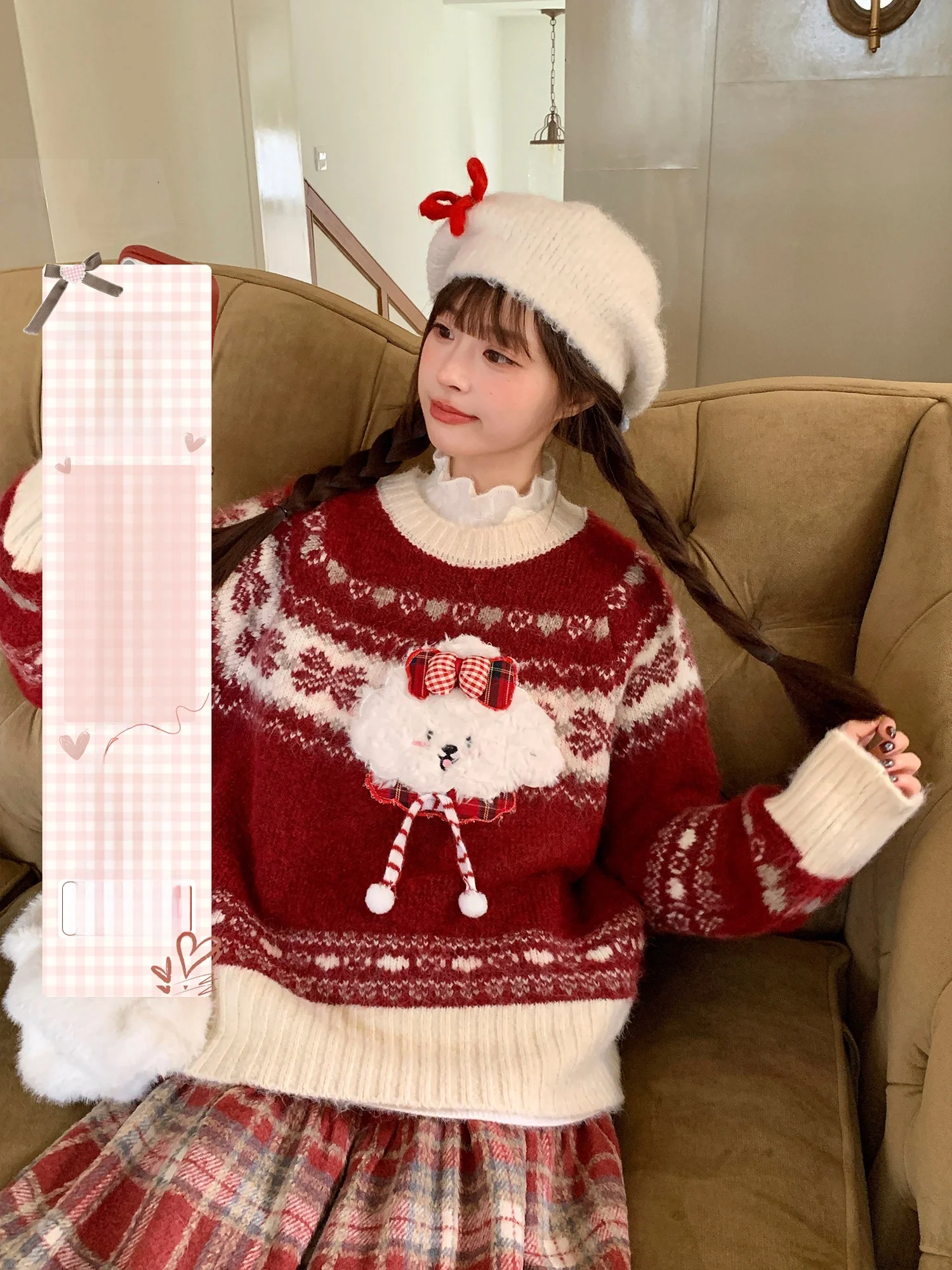 

Вязаный свитер BibiBency New Year Par Red Fair Isle для женщин, мягкий, свободный крой, с меховым воротником