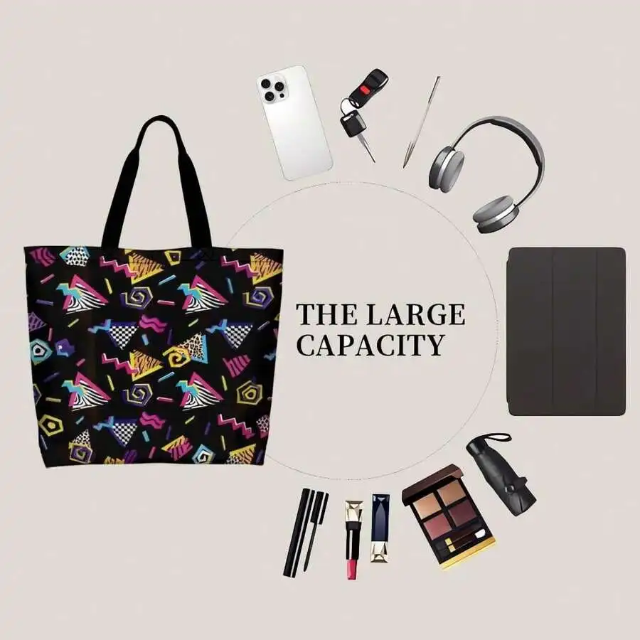 

Retro 80s 90s Geometric Pattern Tote Bag Colorful Memphis Design Casual Unisex Shoulder Bag