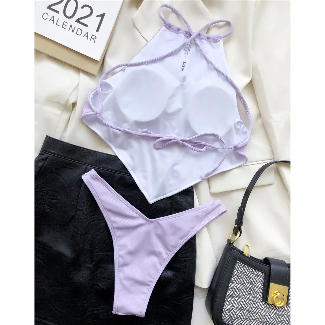 Hochgeschlossener Bikini mit überkreuztem Rücken und hohem Beinausschnitt, gerippt, Damen-Badeanzug, zweiteiliges Bikini-Set, Badebekleidung, Badeanzug, Modell V2878 – Detail 33