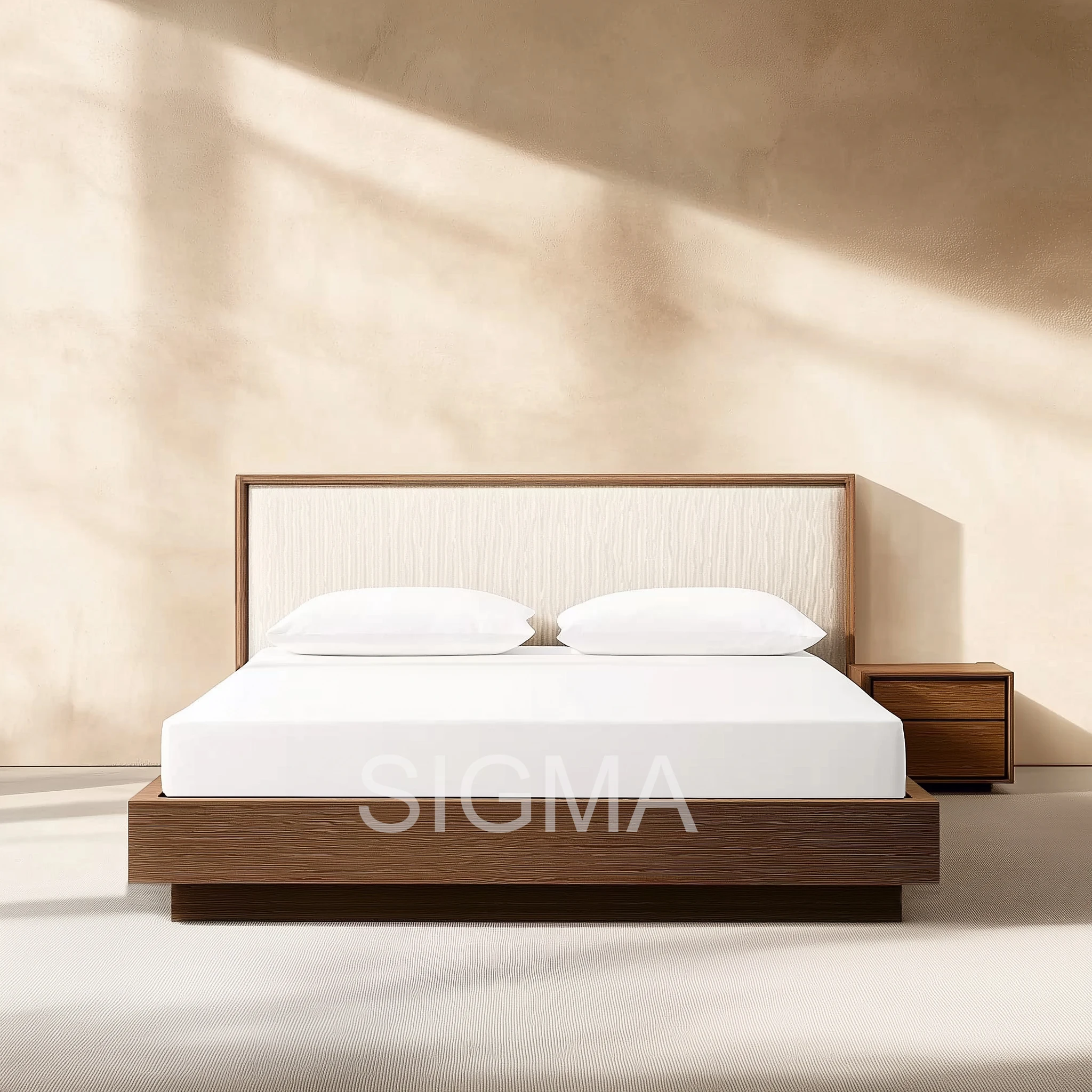 Sigma Modern Double Bed Walnut Oak Finish King Queen Sizes Panel Batten Headless Design for Bedroom Hotel Apartments Storage