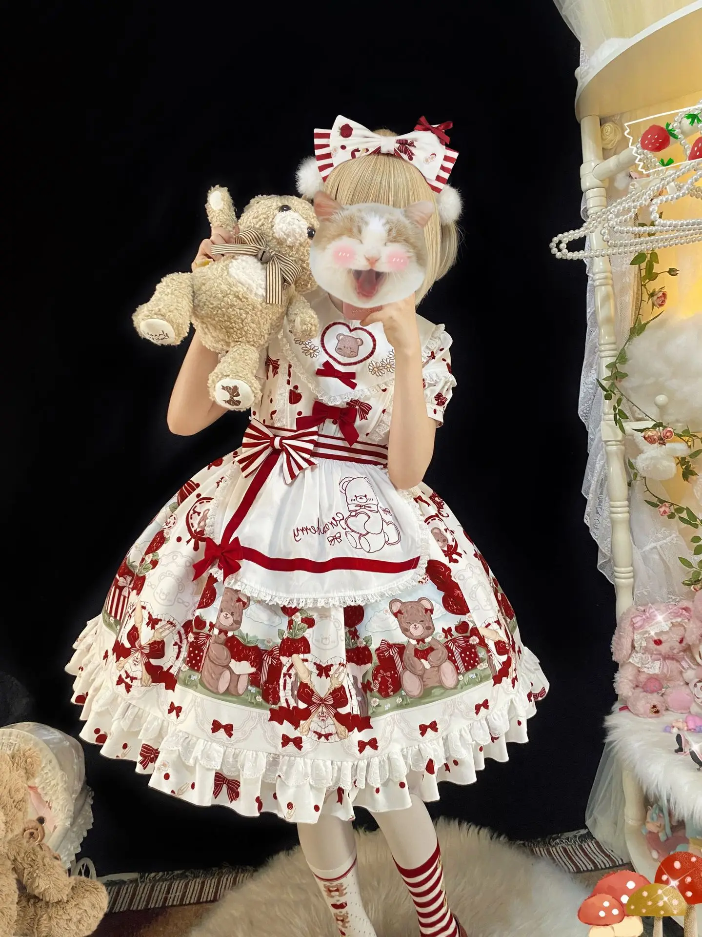 Delantal de vestido de una pieza de longitud media, diseño Original japonés, dibujo de fresa, oso, Lolita, diario, dulce niña, dulce burbuja, manga corta