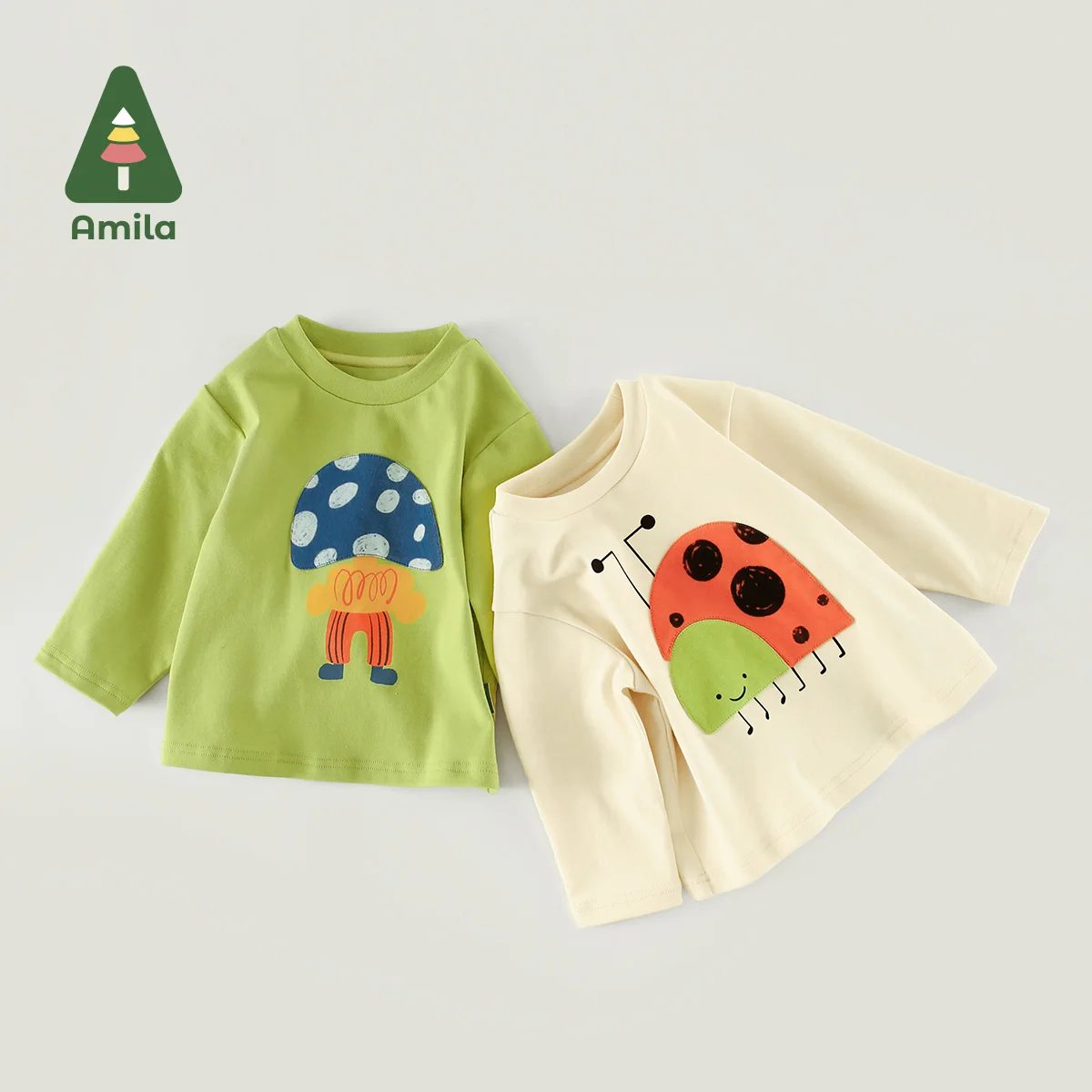 Amila Baby T-shirt 2023 Spring New Long Sleeves Cute Cartoon Print 100% Cotton Kids Tops Children\'s Clothing Tees 0-6 Years