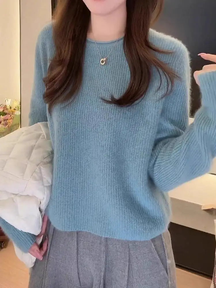 

Синий вязаный свитер с длинными рукавами и круглым вырезом, мягкий и уютный, женский, повседневный, свободного кроя, осенне-зимний, больших размеров, модный, универсальный