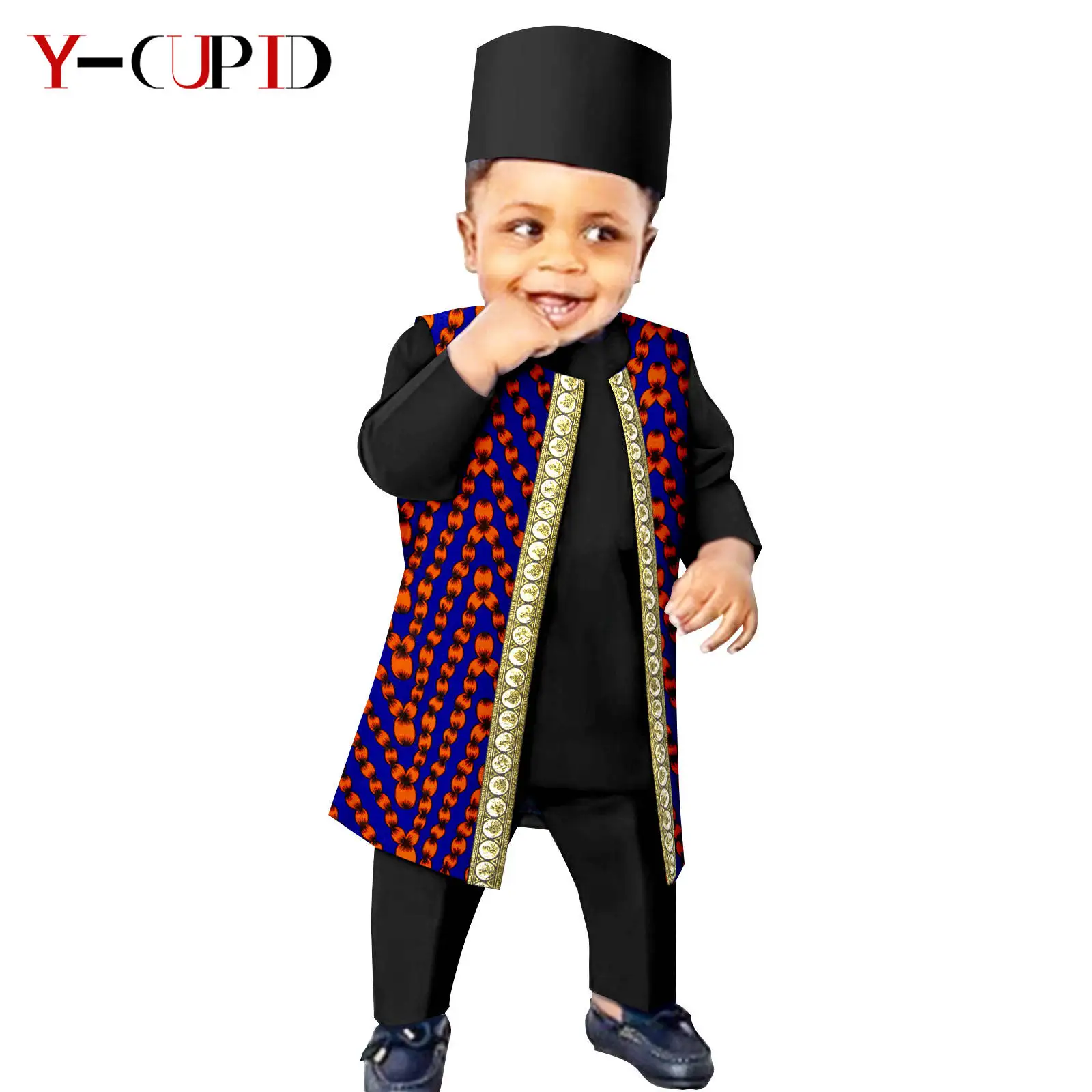 African Boy Clothes Children Outfit Bazin Riche 4 Pieces Sets Print Vest + Tee + Pant + Cap Kids Suits Agbada Outwear Y234005