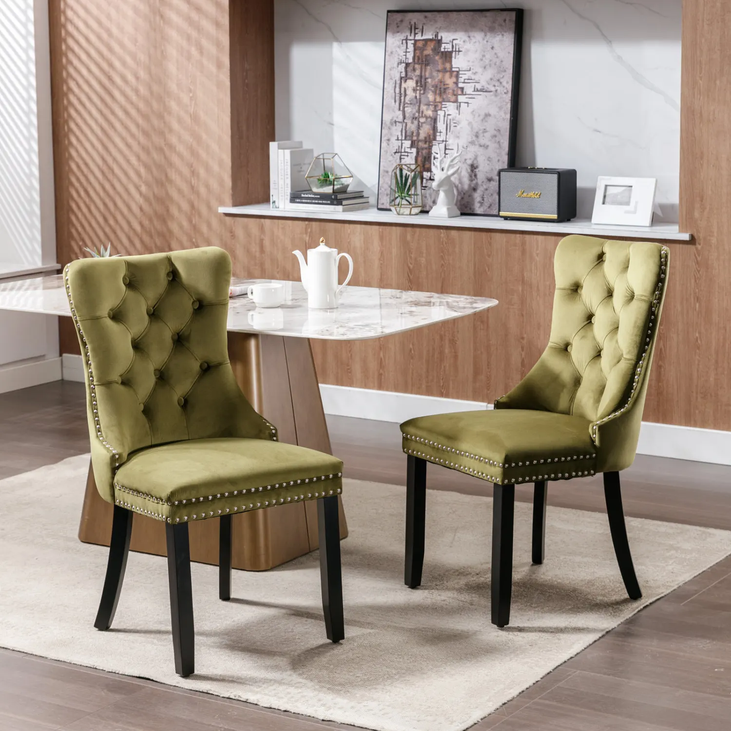 Nikki Collection Modern, High-end Tufted Solid Wood Contemporary Velvet Upholstered Dining Chair with Wood Legs Nailhead Trim 2-