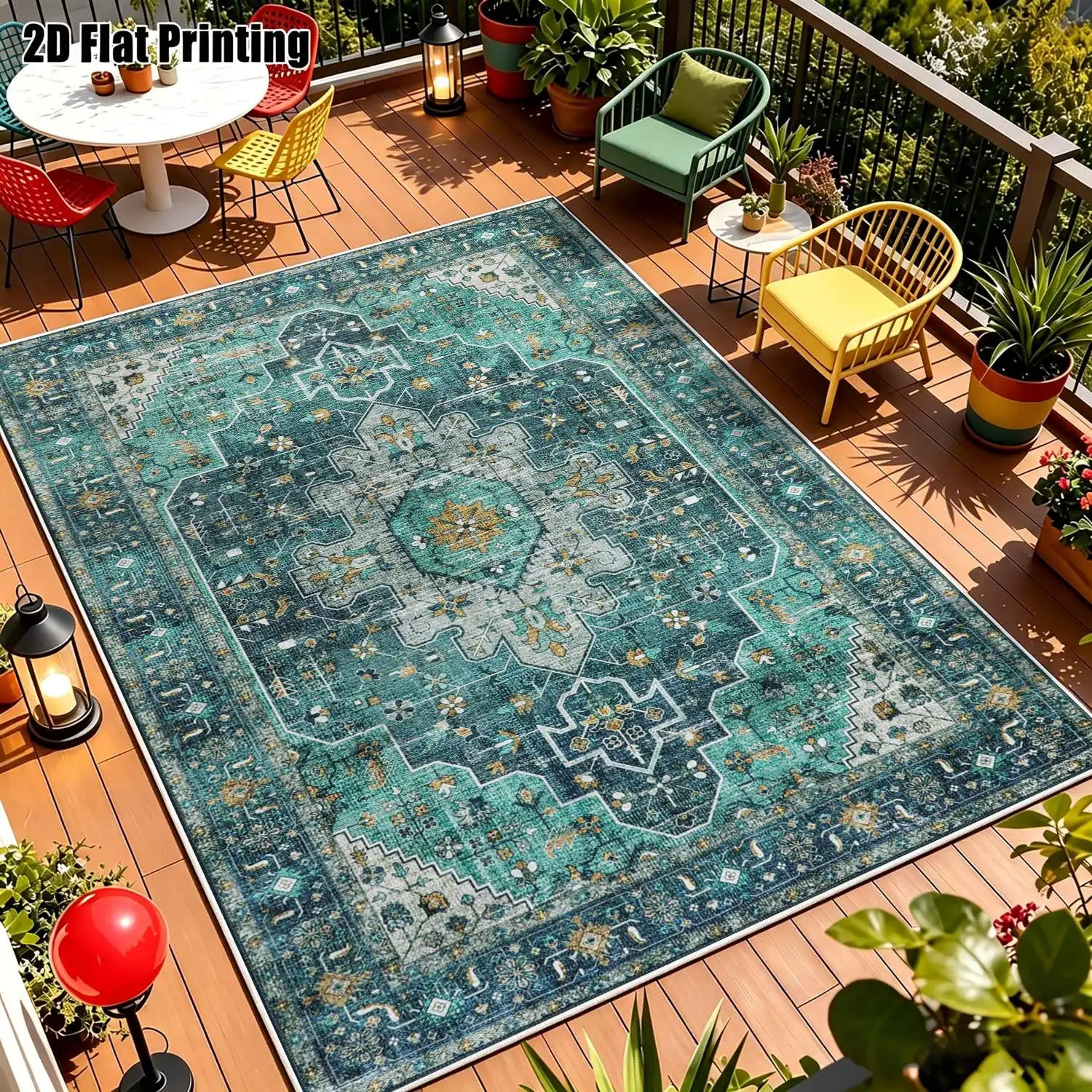 1Pc 2D Printed Retro Geometric Green Blue Velvet Carpet, European Vintage Bohemian Striped Rug, Machine Washable Multi-Size Home Decor Mat