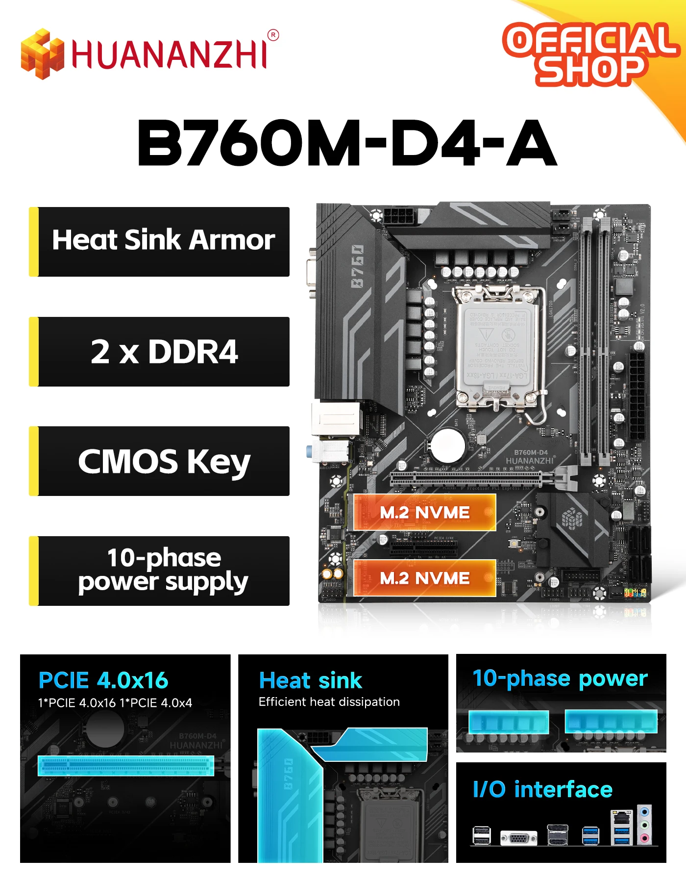 Placa-Mãe B760M-D4-A V2.0 LGA1700 M-ATX 2*DDR4 64GB 3200MHz XMP 2*NVMe PCIe4.0 HDMI2.1 DP1.4 10 Fases para Jogos