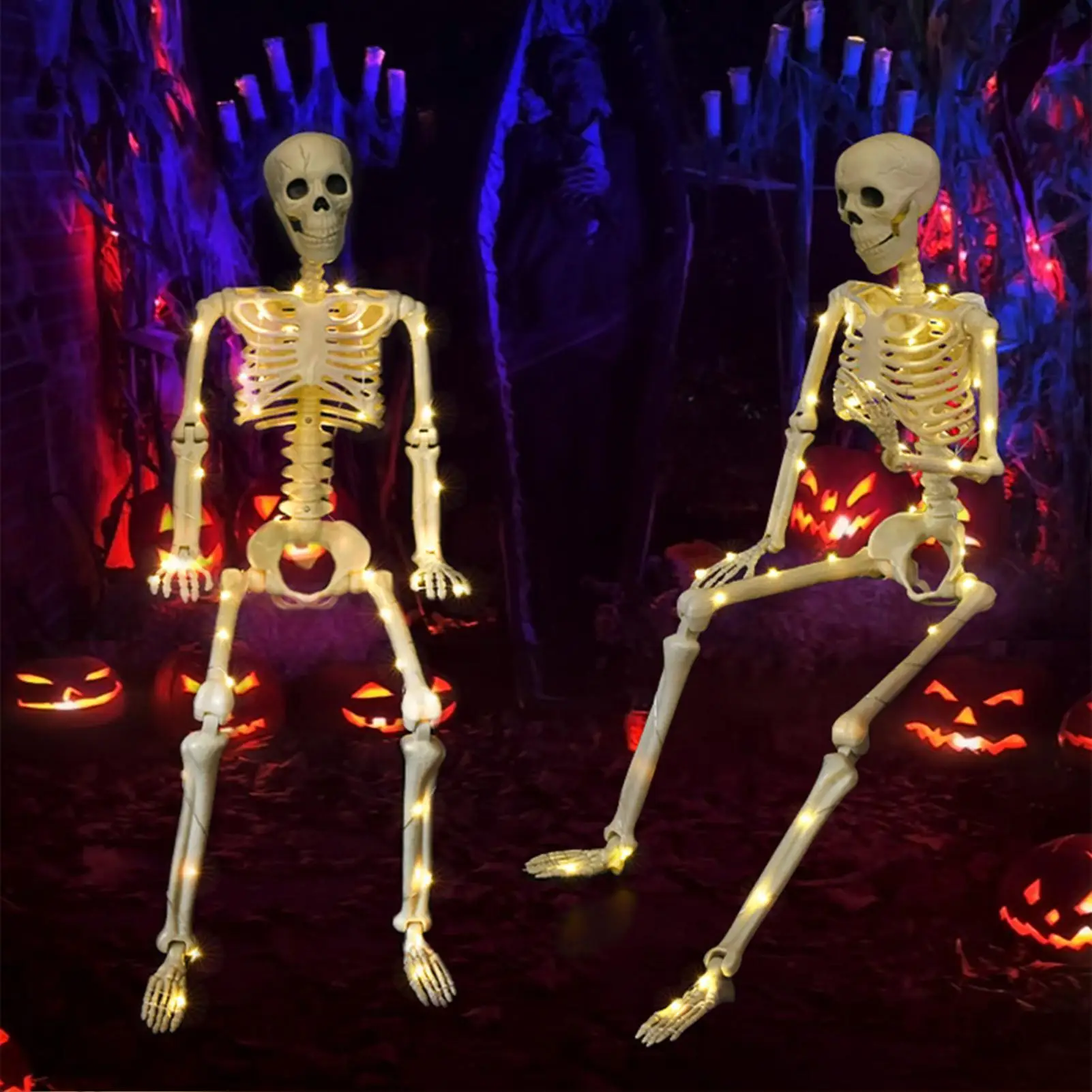 Skeleton Halloween 35.4inch Posable Spooky Decor With String Lights Posable Skeleton For Yard Patio Lawn Garden Indoor Outdoor