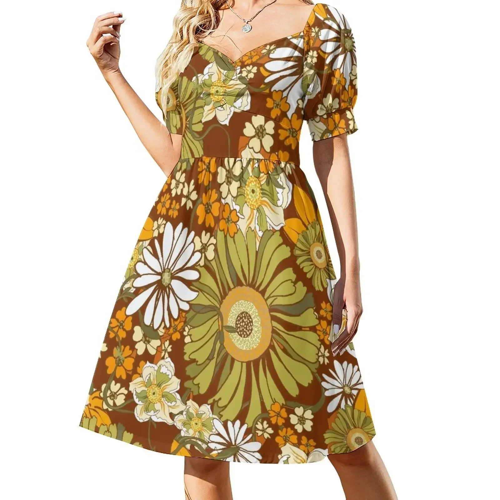 

70s Retro Vintage Flower Power pattern boho, orange, brown, Sleeveless Dress dress party night luxury woman party dress