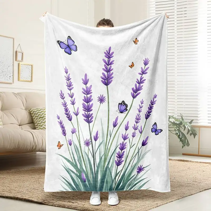 

Lavender & Butterfly Watercolor Throw Blanket, Soft Cozy Flannel Blanket for Couch Sofa Bed, Nature Lover Gift
