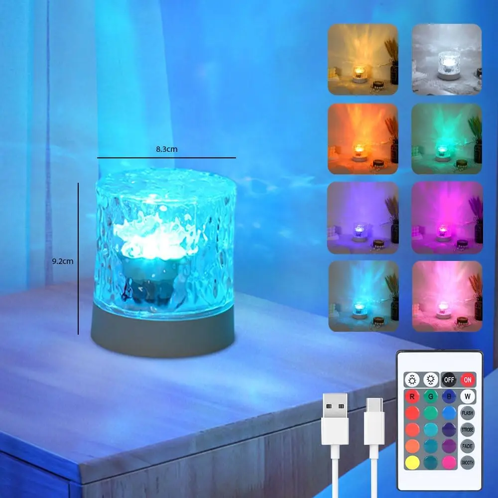 

16-цветный светодиодный проектор с водной рябью, ночник с дистанционным управлением, перезаряжаемая лампа для спальни, RGB с регулируемой яркостью, хрустальная настольная лампа