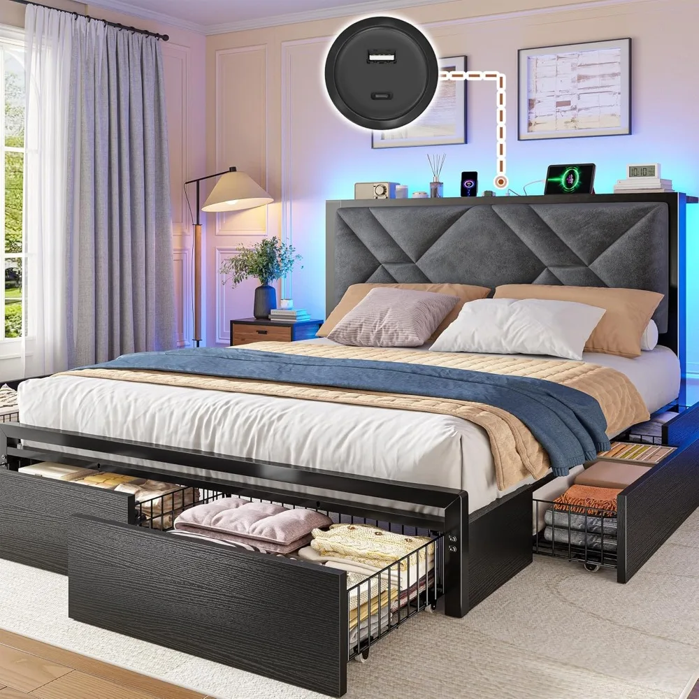 

Queen Bed Frame with 6 Storage Drawers and LED Lights, Bed Frame Queen Size with Upholstered Headboard Built in Charging Station