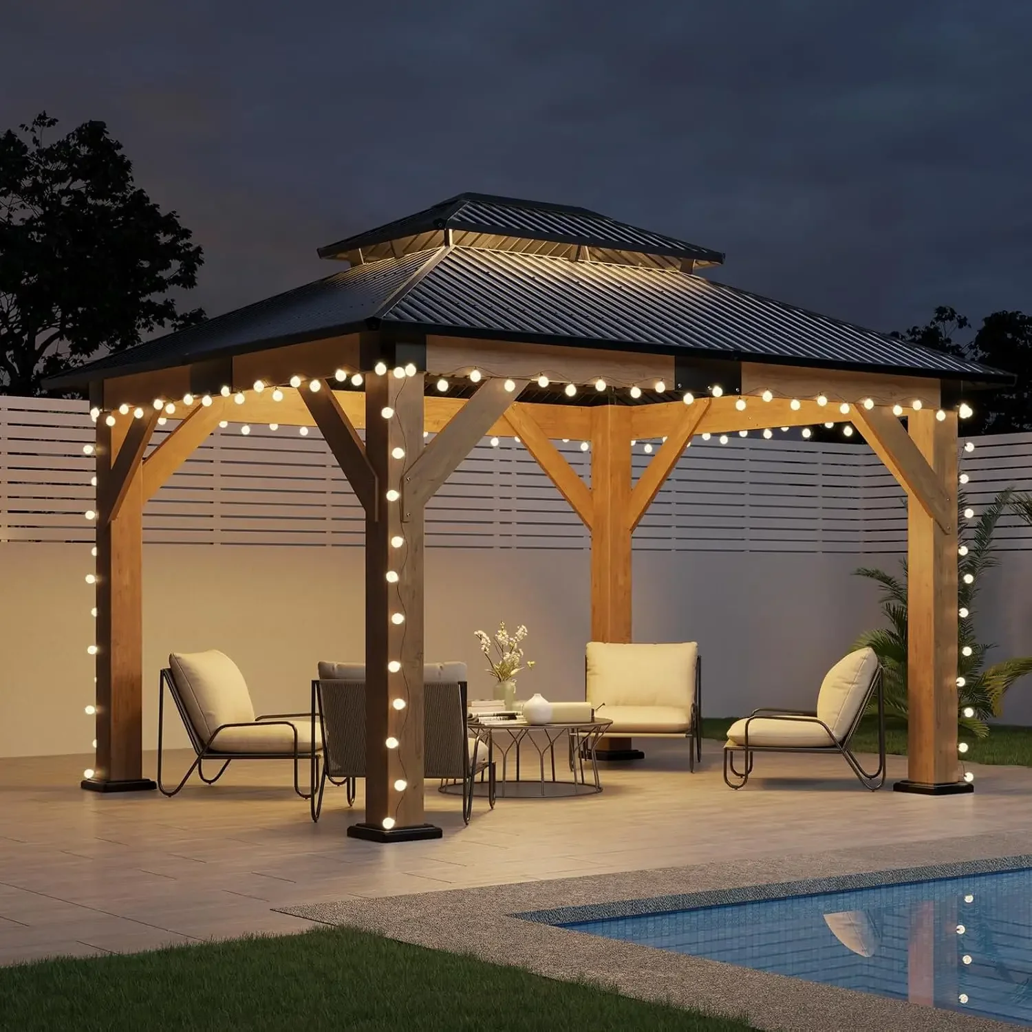 

10x12 Wood Gazebo, Hardtop Gazebo with Spruce Frame and Double Metal Roof, Outdoor Pergola for Parties, Backyard, Patio, Lawns,