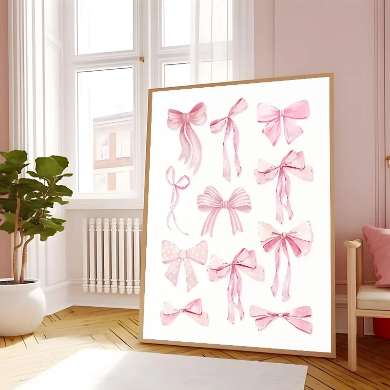 Trendy Watercolor Pink Bows Canvas Painting Wall Art Cherry Disco Ball Zebra Poster Print Preppy Girl Room Home Decor Cuadros