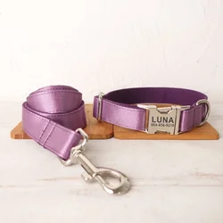 Personalized Dog Collar with Free Engraving, Matching Pet Leash,Customzied Contacts Metal Buckle, Shiny Purple Puppy Colalr