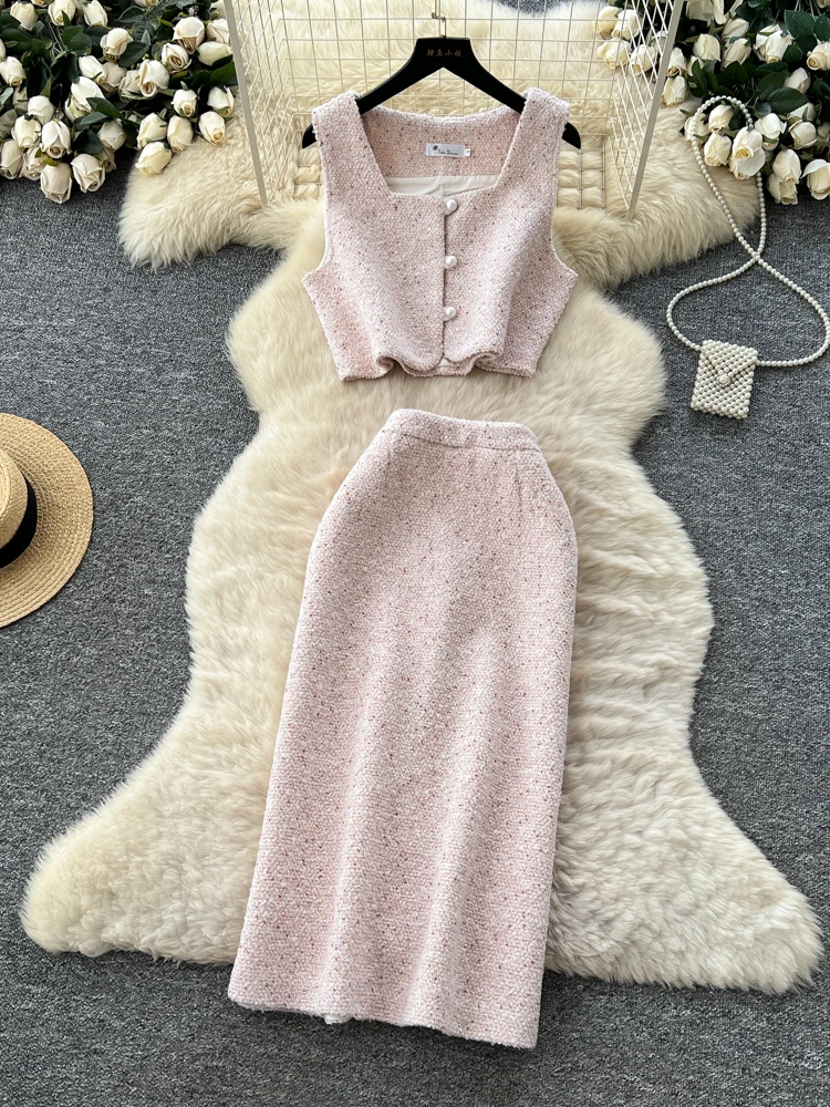 Elegant Short Sleeveless High Waist Wrap Body Skirt Set Luxury Style Square Collar Coarse Tweed Women's Fashion Summer Outfit