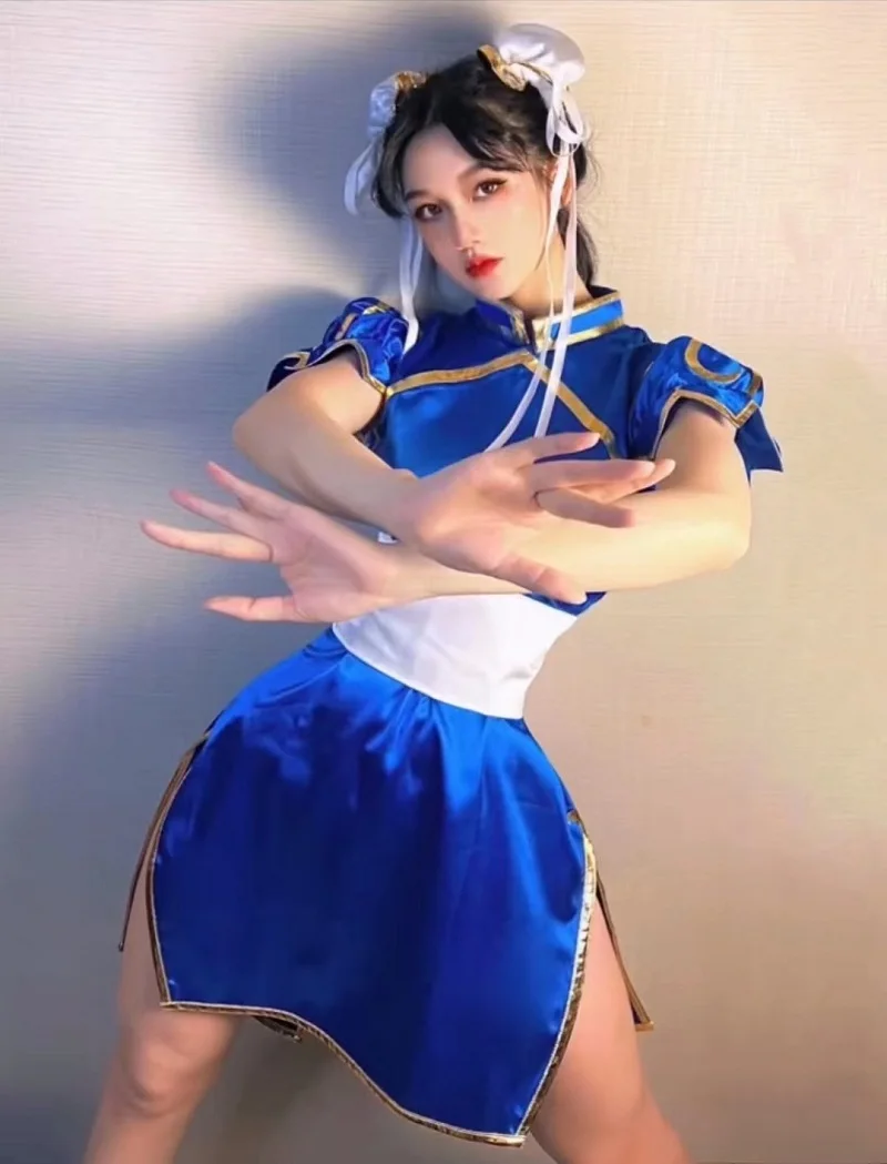 

Game Chun-Li Street Fighter Cosplay Costumes Halloween Party Blue Short Cheongsam Dress Hanfu Chinese Style Ancient Costumes