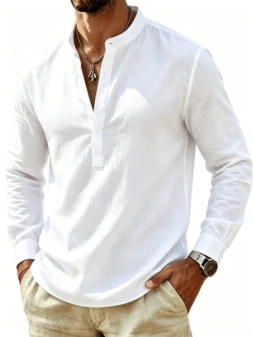 Men's Henley Collar Long Sleeve Shirt lightweight Breathable Casual Linen Style Henley Shirt for Men Daily Beach Wear
