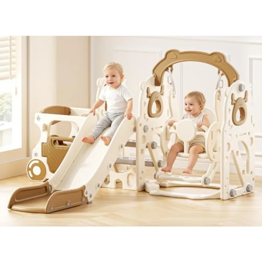 

Детский игровой комплекс с горкой и качелями в форме автобуса, с элементами для лазания, для дома и улицы, для малышей 1-3 лет, бежевый/кофейный