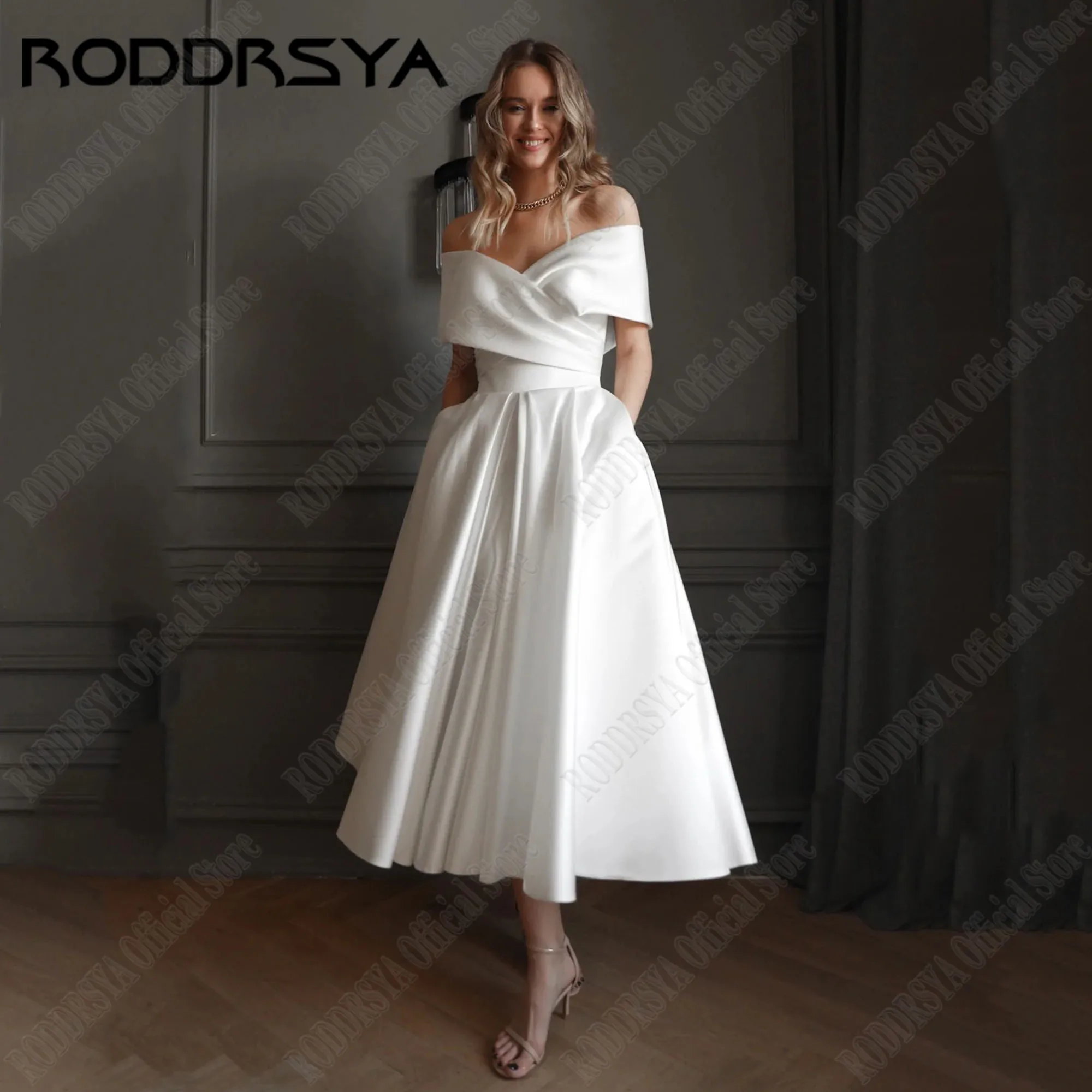 

RODDRSYA Satin Off Shoulder Wedding Dresses 2024 A-Line Lace Up V-Neck Ankle Length Civil Bridal Gowns короткое свадебное платье