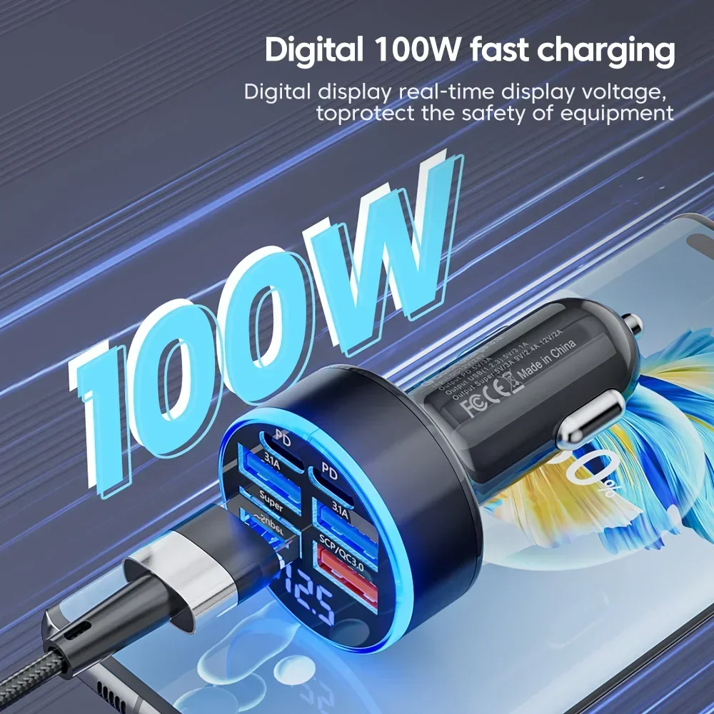 

New 100W 6 In 1 Car Phone Charger Adapter with Voltage Display USB C Dual PD Fast Charge Adapter for IPhone Samsung Xiaomi