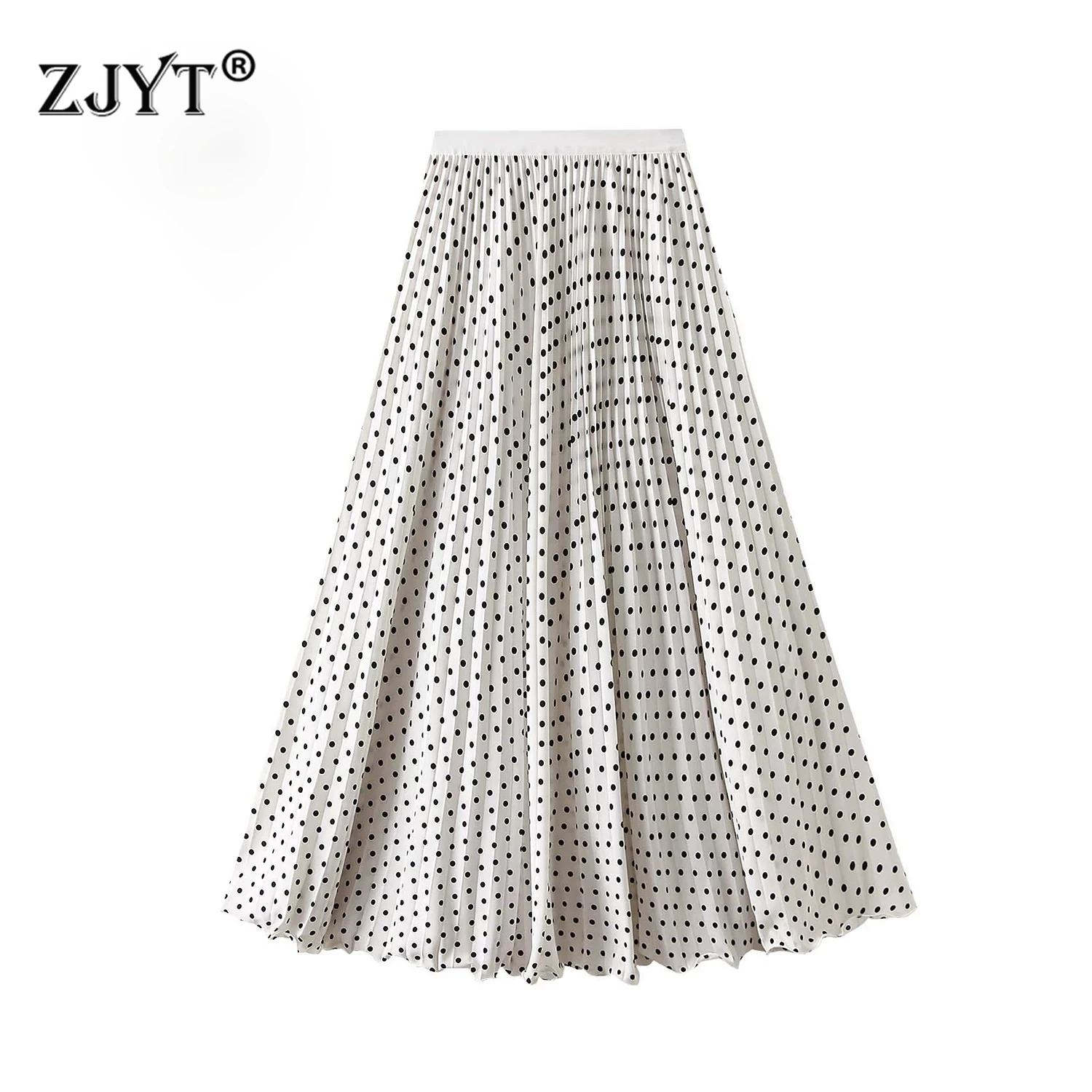 

ZJYT Elegant Polka Dot Print Pleated Midi Skirts for Women 2026 Spring Summer Elastic Waist Casual Vacation Skirt Ladies Vintage