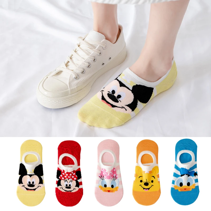 

5 pairs Hot sale Cartoon Kawaii woman sock Mickey Minnie Donald winnie Daisy cotton girl slipper sock Funny invisible ankle sock