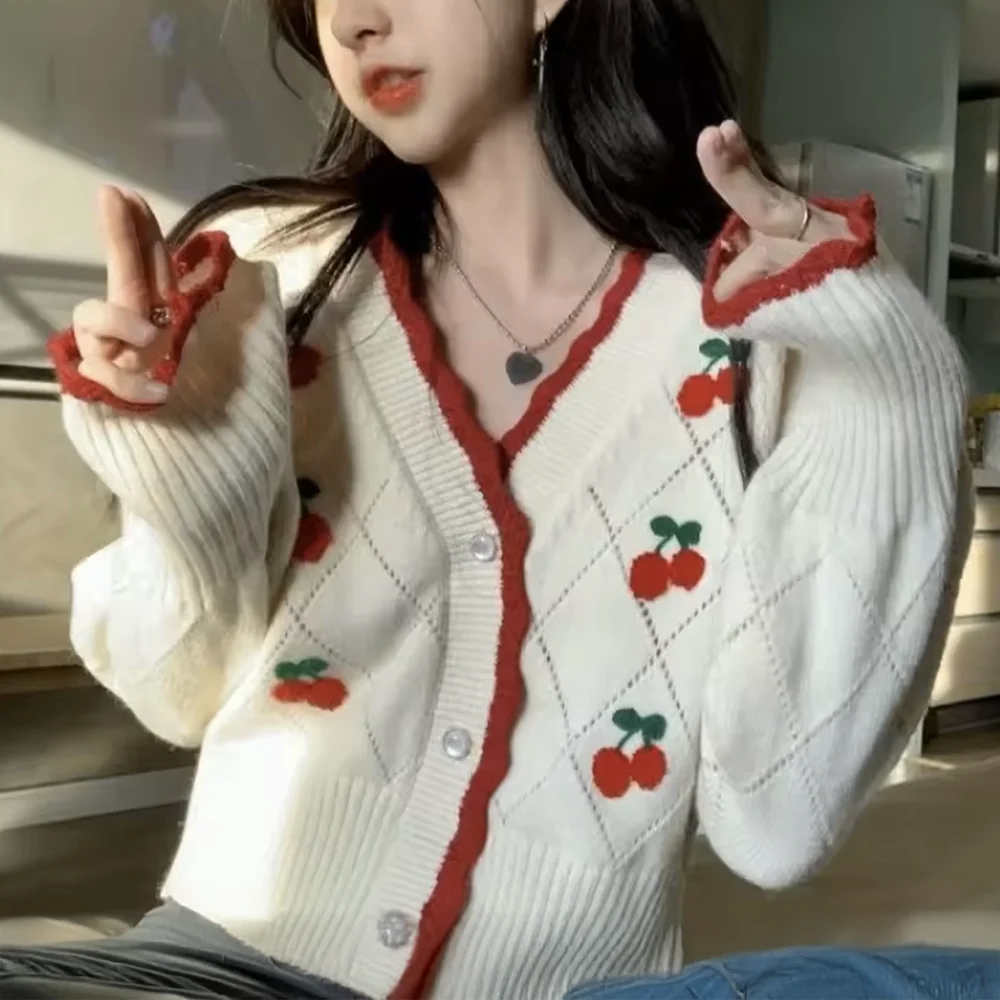 Cherry Cardigan Cute Applique Long Sleeve Button Front Sweater Jacket for Women Autumn Winter Vintage Cottagecore Outfit
